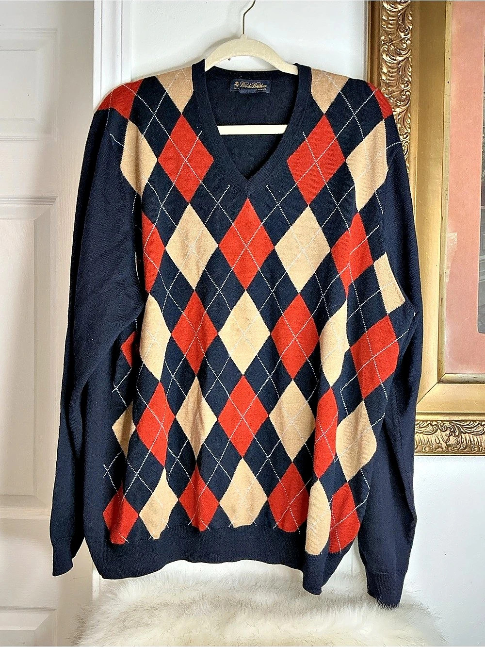 Brooks Brothers Extra Fine Italian 100% Merino Wool Argyle V-Neck Sweater XL